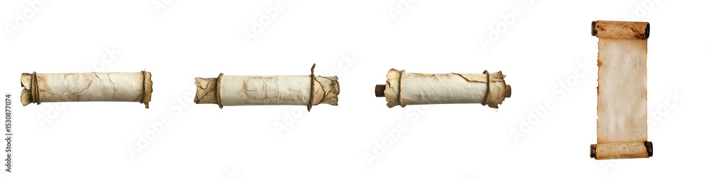 Poster set of antique scroll: a collection of aged scrolls, each bearing the marks of time and containing m