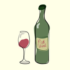 Minimalist One Line Drawing of Wine Glass and Wine Bottle Modern Line Art Illustration

