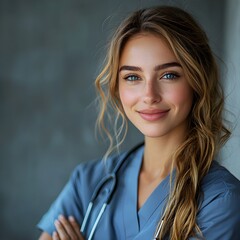 Senior Woman in Blue Scrub Suit with Stethoscope