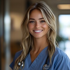 Senior Woman in Blue Scrub Suit Smiling