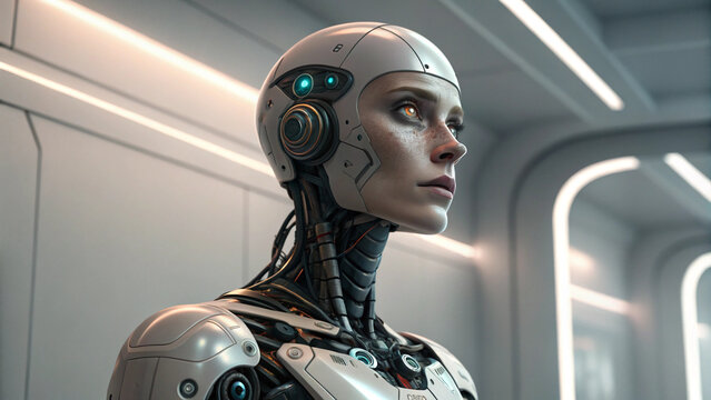 A hyper-realistic female android with lifelike features and exposed mechanical parts stands in a futuristic lab, symbolizing the fusion of AI and humanity