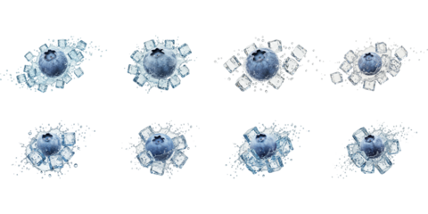 Blueberry Refreshment: Eight meticulously arranged compositions showcase a solitary blueberry immersed in a refreshing dance with ice cubes, a photorealistic study in culinary photography.