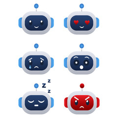 Obraz premium Robot face emoji set vector emotions icons for chatbot or AI. Vector illustration