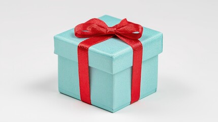 Fototapeta premium Blue Gift Box with Red Ribbon Holiday or birthday concept isolated white background.
