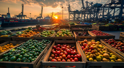 Fresh produce market at port during sunset