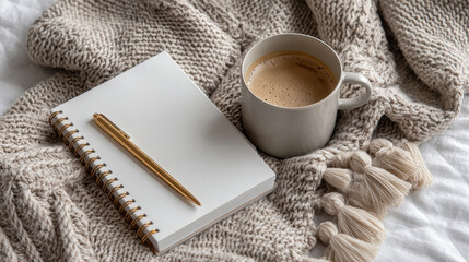 Cozy blanket, notebook, pen, and coffee cup create warm atmosphere for planning and reflection