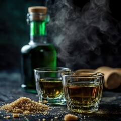 Absinthe in glasses, bottle and brown sugar on table on black background, with copy space