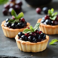 Tartlets with delicious berry filling on grey table, close-up with space for text