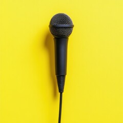 Microphone on yellow background, closeup. Space for text