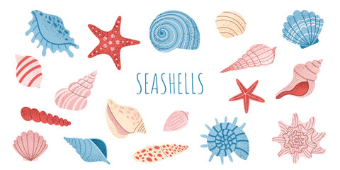 Collection of decorative seashells and starfish in various shapes and colors. Ocean and beach themed clipart for summer designs, packaging, textile, scrapbooking, cards, and stickers.