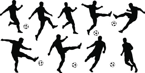 Set of soccer player silhouettes in action poses with footballs, black vector icons on white background, sports illustration, kicking and playing football clipart