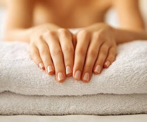 Beautiful woman's hands lying on towel, spa concept.