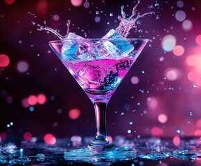 Martini cocktail with ice cubes in neon pink and blue tones, in iridescent pearlescent shades