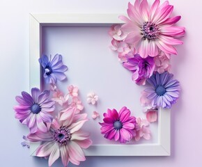Flowers in white frame. Spring minimalist concept.