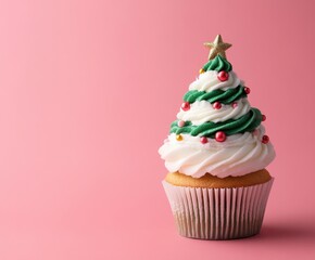 Christmas tree shaped cupcake on pink background with space for text