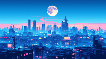 Obraz premium 1980年代レトロシティポップ風夜景都会風景、ネオン光の高速道路と高層ビル群に映るムーンライトと水面反射、都会的でスタイリッシュな夜の街並みを抽象的に表現した横長スカイラインイラスト
