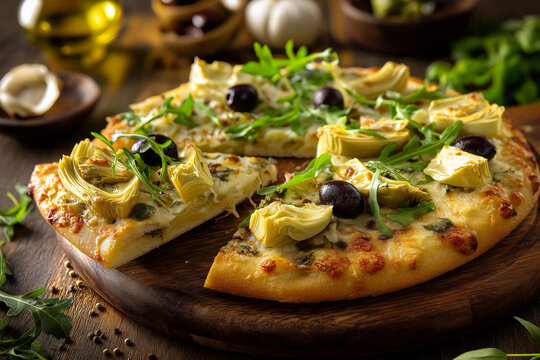 Freshly baked pizza with artichoke hearts, olives, and arugula, served on a wooden board.