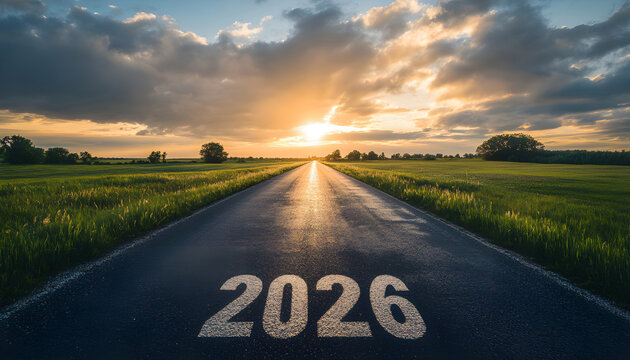 The end of an empty road path and the start of a new year in 2026. New goals for 2026 and leaving behind 2025. Passing. New goals for 2026 and leaving behind