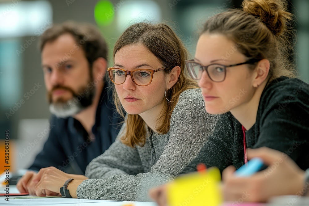 Poster three colleagues at a business meeting in berlin looking intently at a presentation, with markers an