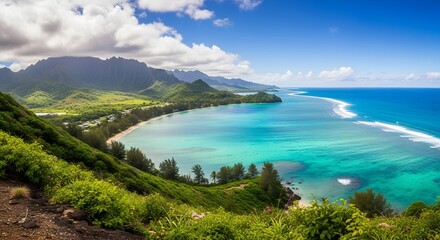 Fototapeta premium Panoramic view of tropical bay with lush greenery and turquoise water