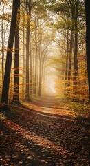Obraz premium Autumn forest path with sunlit trees and fallen leaves