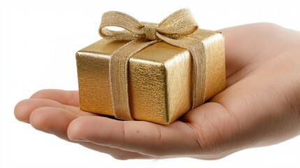 Hand holding gift box isolated on a white background.