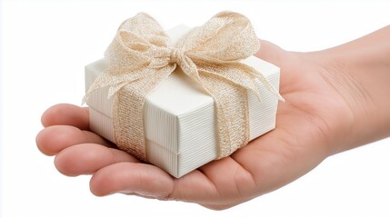Hand holding gift box isolated on a white background.