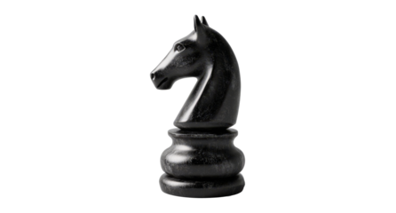 Black chess knight piece isolated on white background, representing strategic gameplay, intelligence, and classical board game symbolism.