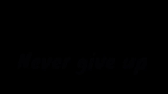 Blue text "never give up" with a dark background in a motivational image for inspiration