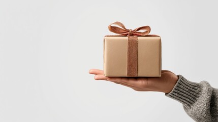 Hand holding gift box isolated on a white background.