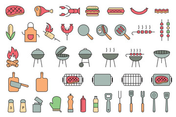 Set of icons for outdoor dining. Barbecue BBQ symbols.