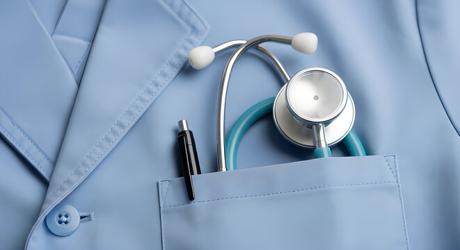 Close-up of a light blue lab coat pocket with a stethoscope and pen inserted, symbolizing healthcare and medical professionalism.