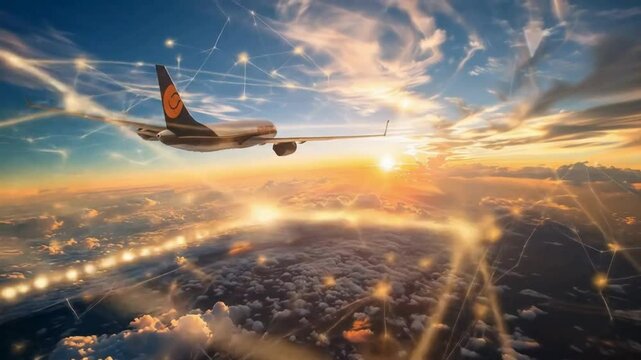 Airplane flying high above clouds at sunset with futuristic global network overlay representing advanced aviation and smart travel technology