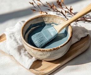 Organic cosmetic blue clay in a bowl with a brush, with copy space