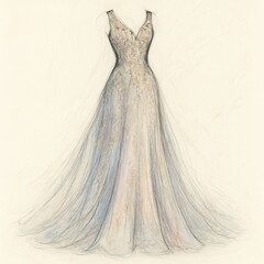 Graceful Bridal Gown Sketch with Delicate Gold Embellishments