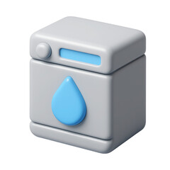 Cartoon plastic style 3d dishwasher icon with a blue water drop symbol, isolated on transparent background