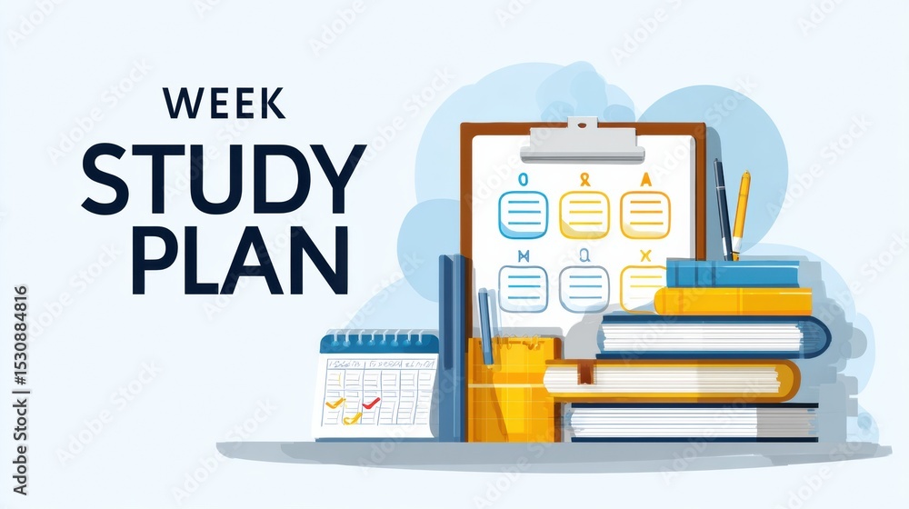 Poster weekly study plan infographic featuring schedule blocks and academic icons for effective student org