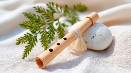 Wooden flute resting on a soft, white fabric with a sprig of greenery.