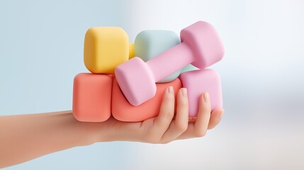 Pastel-colored weights held gently in a hand.