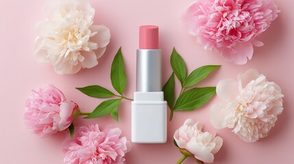 Pink lipstick surrounded by delicate pink peonies on a soft pink background.