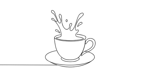 Continuous one line drawing of Coffee or tea splashes out of the cup. Single line drawing illustration of spilled coffee or tea. Coffe or tea concept vector art. Doodle line illustration.


