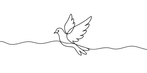 Fototapeta premium White dove in one continuous line drawing. Bird symbol of peace and freedom in simple linear style. Concept for national labor movement icon. Editable stroke. Doodle outline vector illustration