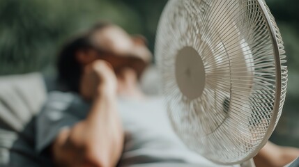 Man relaxes on a couch, enjoying the cool breeze of a fan on a hot day.