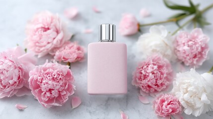 Pink perfume bottle surrounded by delicate pink and white peonies.