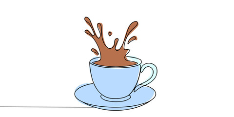 Continuous one line drawing of Coffee or tea splashes out of the cup. Single line drawing illustration of spilled coffee or tea. Coffe or tea concept vector art. Doodle line illustration.

