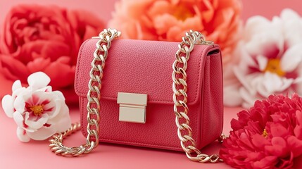 Pretty in pink! This coral-colored purse with gold chain is perfect for spring.