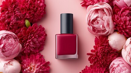 Crimson nail polish bottle surrounded by pink and red flowers. Beauty, femininity, and elegance.