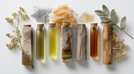 Natural beauty products displayed with botanical elements. Organic skincare concept.