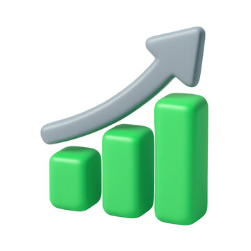 3d cartoon plastic style icon of a green bar graph with a rising arrow, representing positive growth, on a transparent background