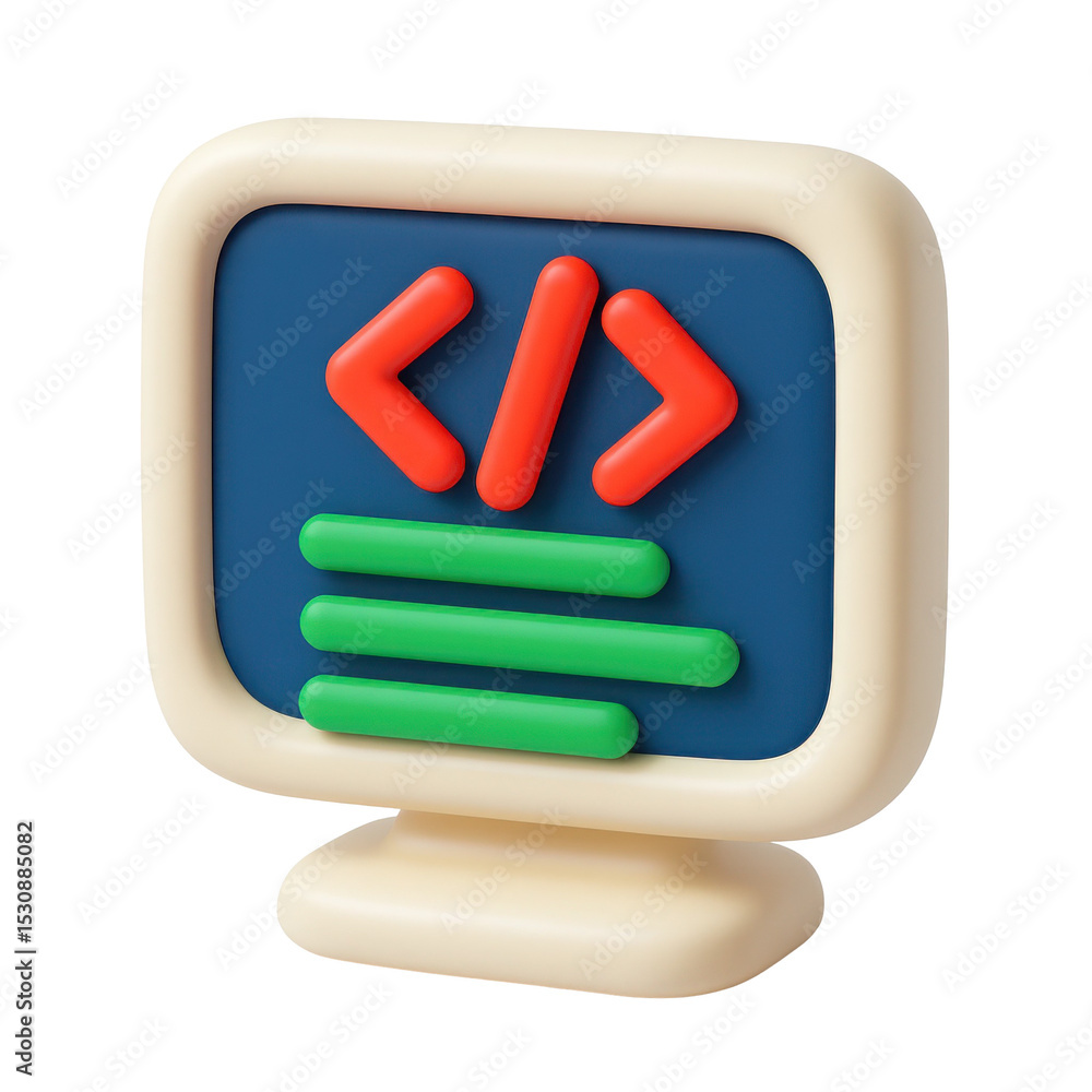 Poster cartoon plastic style icon representing coding and software development, with transparent background